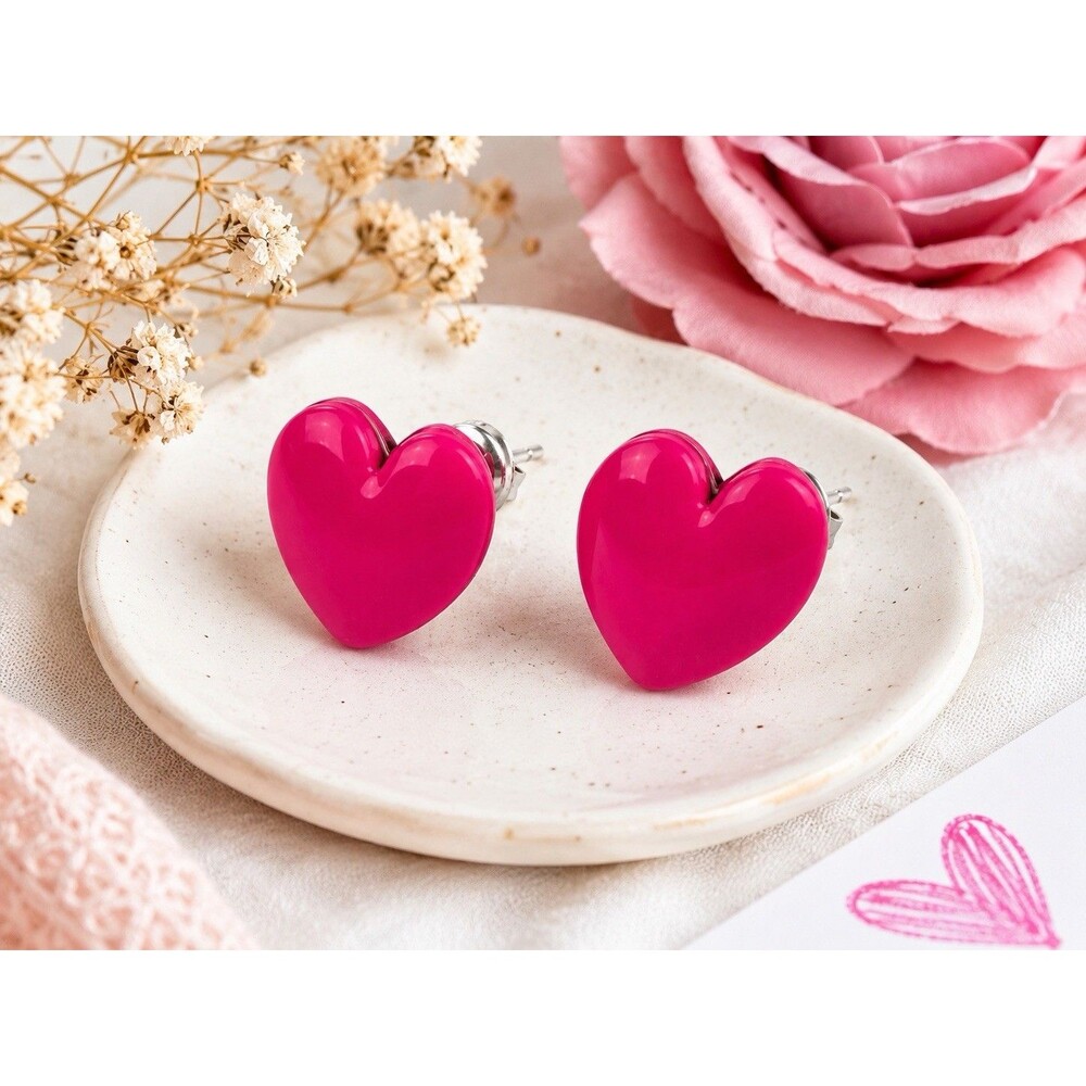 Vintage 1980s Hot Pink Heart Stud Earrings Acrylic Resin Love Retro Charm
